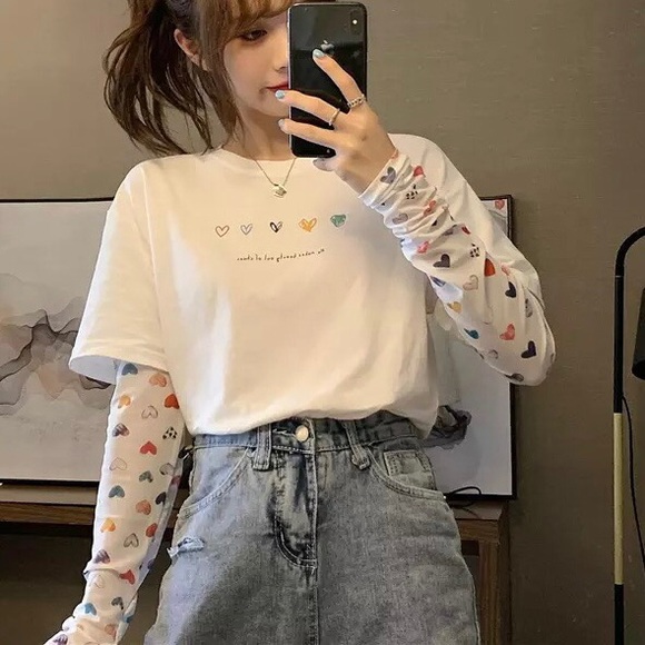 Shirt tshirt heart white top women’s cute long sl - Picture 1 of 8